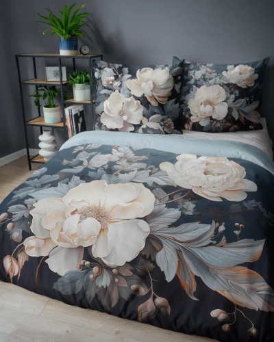 5131 A Pościel bawełniana Holland Detexpol iemna z beżowo-kremowymi piwoniami – 100% bawełna, dwustronna, polska produkcja