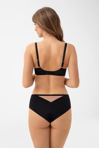 Figi brazyliany B 001 Lexi Gorsenia czarny– figi damskie z koronkową wstawką, średni stan, elastyczny tiul i microfibra, ozdobne detale w różowym złocie