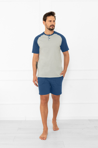 Piżama męska Aleksander Italian Fashion – krótki rękaw i krótkie spodenki, 100% bawełna - szary/jeans