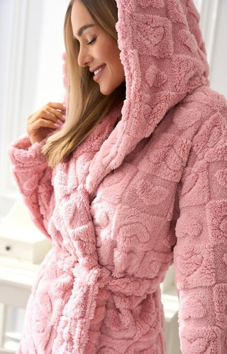 2553 Valentina Krótki szlafrok damski L&L z kapturem i kieszeniami - pudrowy róż