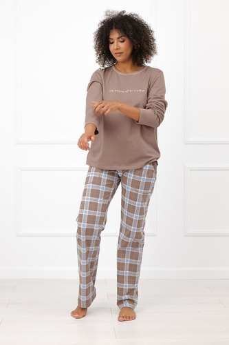 Piżama Damska Italian Fashion Delma 100% Bawełna Długa Spodnie Krata-cappuccino