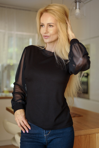 Mirale Freya Bluzka Damska Wiskozowa Tiulowe Rękawy Stójka Elegancka- czarna