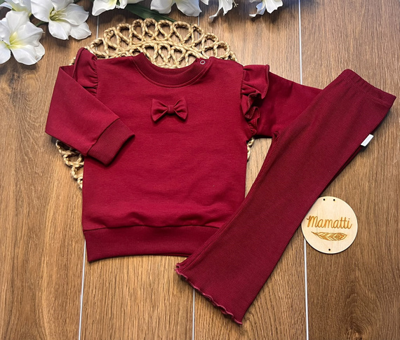 Mamatti DR720 bordowy dres dziewczęcy bawełniany bluza z kokardką legginsy dzwony