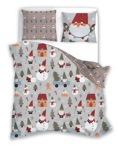Holly Jolly 003 Pościel świąteczna Faro szara biała bałwany elfy– satynowa mikrofibra, komplet z zamkiem błyskawicznym
