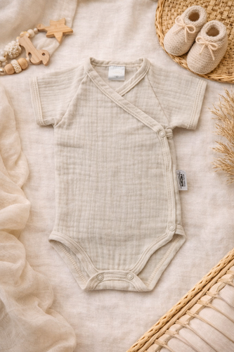 Body muślinowe Just Muslin 03235KBE Makoma beige– krótki rękaw, kopertowe, 100% bawełna