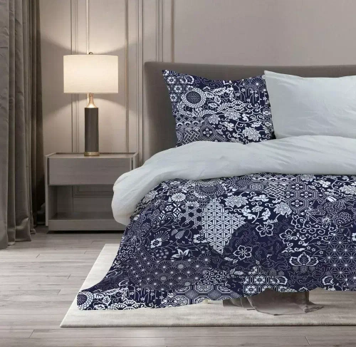 Elegant 017 Pościel satynowa rozety Faro granatowy