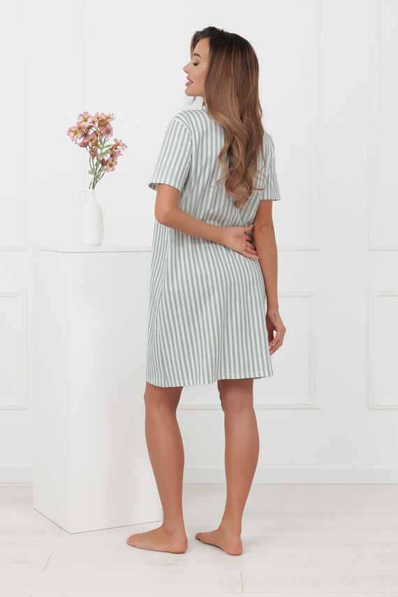 Koszula nocna Genna Italian Fashion 100% bawełna paski krótki rękaw - szałwia