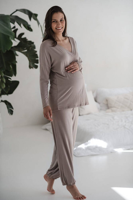 Moon bambusowe spodnie od piżamy ciążowej długie Milk&Love beżowy