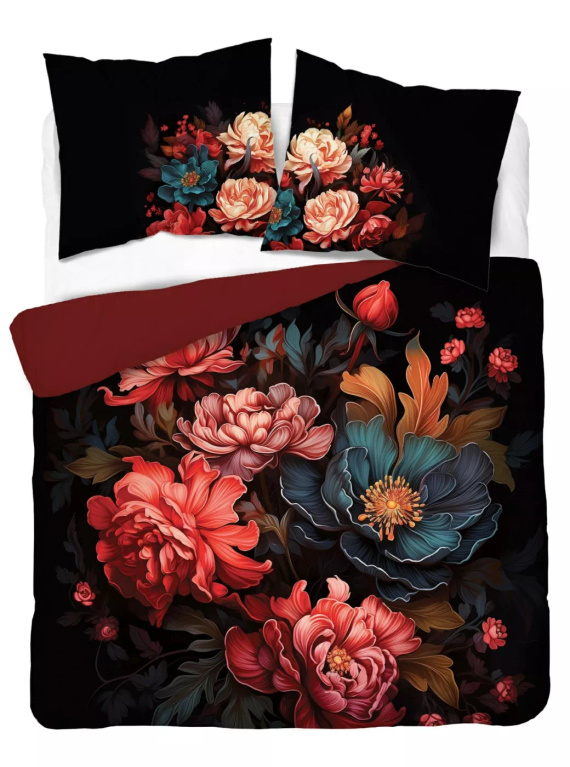 5116 A Pościel bawełniana Holland Detexpol czarna z motywem piwonii– 100% bawełna, dwustronna, polska produkcja