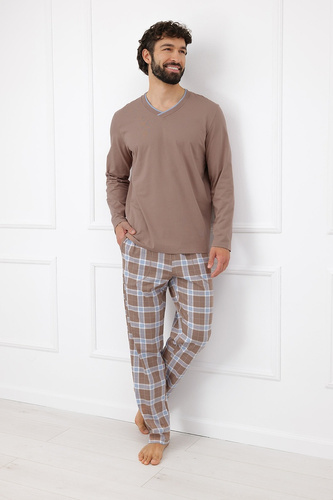 Italian Fashion Dante Piżama Męska Bawełniana Długa Spodnie w Kratę- cappuccino