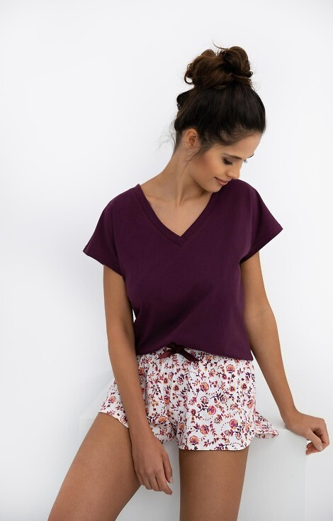 Marisol Piżama damska Sensis – koszulka burgund, szorty w kwiatuszki, 100% bawełna
