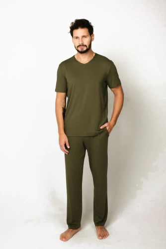 Dallas Piżama Męska krótki rękaw, długie spodnie Italian Fashion- khaki