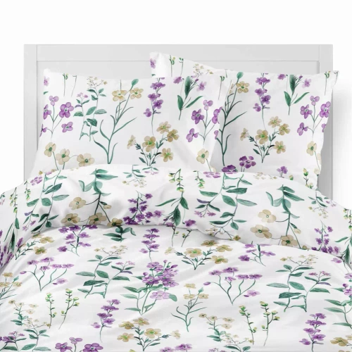 5634 B Pościel flanelowa Pastel Flowers Detexpol biała w polne kwiaty fioletowo-żółte– ciepła, miękka i elegancka