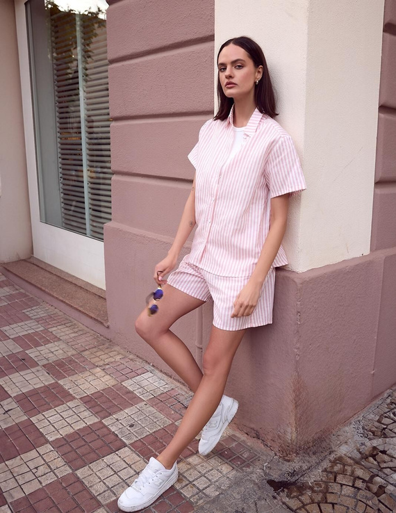 Piżama Selene Sensis biało-różowa len bawełna paski