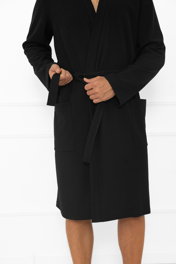 Bono szlafrok męski Italian Fashion czarny – z paskiem, tłoczony wzór, elegancki i wygodny