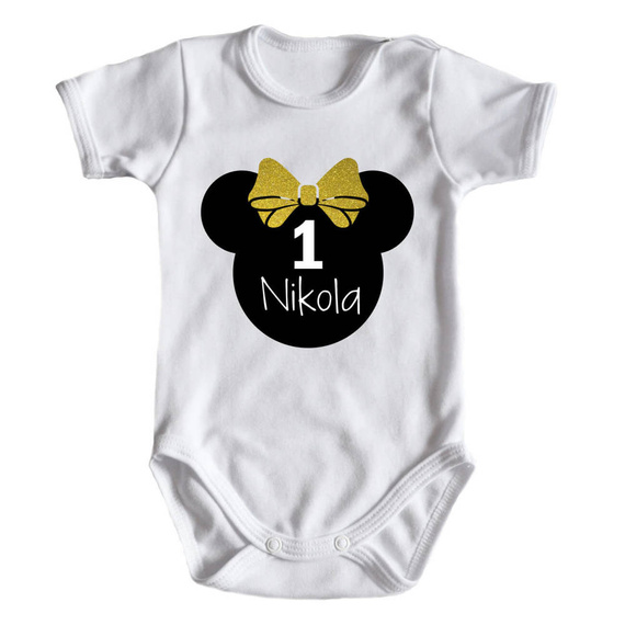 Body krótki rękaw na roczek dla dziewczynki z myszką Moocha złoty
