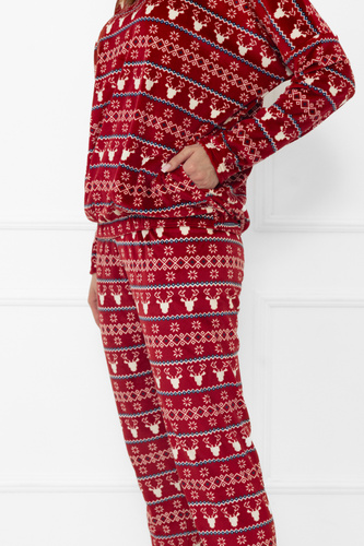 Komplet damski Navara – polarowy zestaw w świąteczny wzór z reniferami Italian Fashion - bordowy 