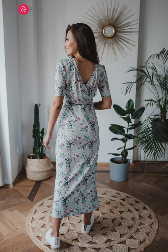 Sukienka ciążowa i do karmienia Two Ways LONG Milk&Love miętowa w magnolie i ptaki