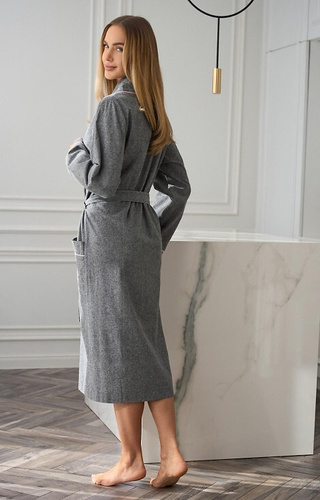 2530 Coco Szlafrok damski L&L szary – długi, bawełniany, z różową lamówką