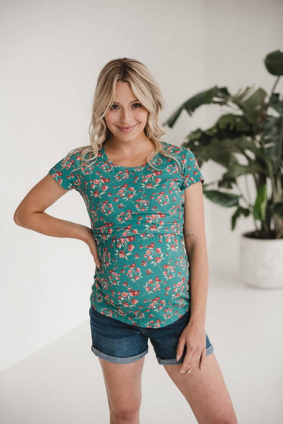 Milk Shirt Bluzka do karmienia i ciążowa z krótkim rękawem Milk&Love zielony w kwiatki
