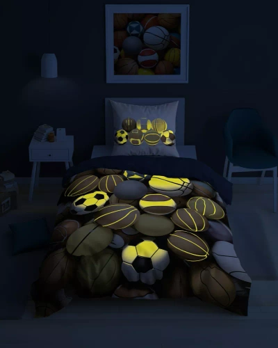 5552 A Fluo 95 Pościel świecąca w ciemności mix piłek sportowych | 100% bawełna | Dla dzieci Detexpol 