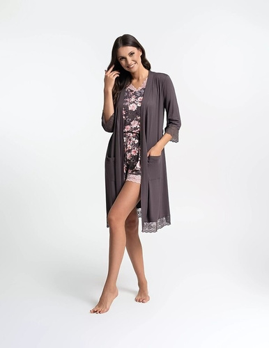 Szlafrok damski brązowy Moraj PDSZ4300-003 z wiskozy z koronką, wiązany