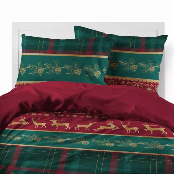 5620 B Magia Świąt Pościel flanelowa świąteczna Detexpol czerwona z reniferami i kratą– bawełna 100%, 160 g/m², zamek, OEKO-TEX®