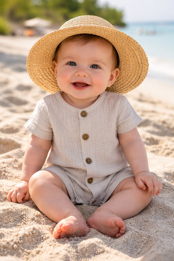 Rampers niemowlęcy Just Muslin 02235RBE Makoma beige– muślin 100% bawełna, krótki rękaw