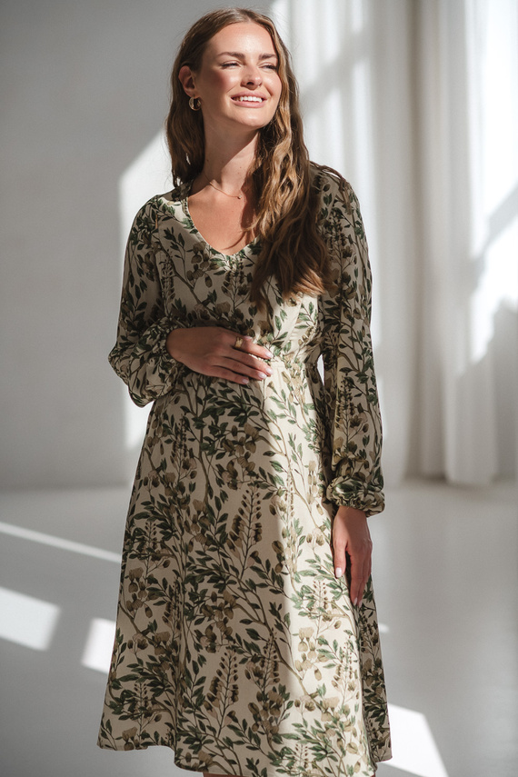 Lovely Dress Midi Milk&Love w zielone kwiaty– sukienka ciążowa i do karmienia z lnem, elegancki krój z zamkami do karmienia