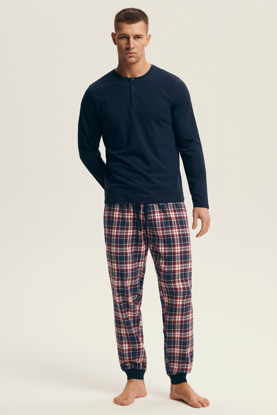 Piżama męska Henderson 43457 Noir granatowa – bawełniana, z flanelowymi spodniami