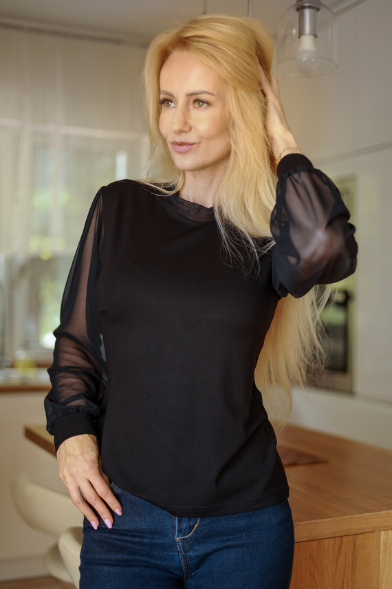 Mirale Freya Bluzka Damska Wiskozowa Tiulowe Rękawy Stójka Elegancka- czarna