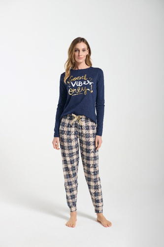 Bessy Piżama damska Sorbetto granatowa  – jersey, złoty nadruk, spodnie w kratę