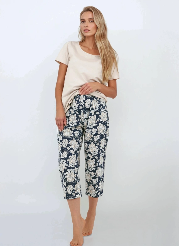 Navy Charm Piżama damska Momenti Per Me – krótki rękaw i spodnie 7/8, bawełna