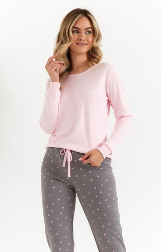 492 Piżama damska Cana różowa – bawełna interlock, serduszka, długi rękaw i spodnie