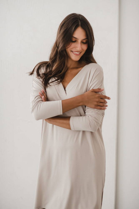 Moon bambusowa koszula nocna ciążowa i do karmienia długi rękaw Milk&Love jasny beż