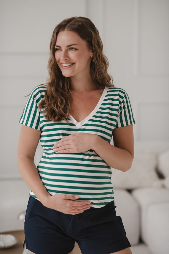 Two Ways Dwustronna bluzka ciążowa i do karmienia | Krótki rękaw, komfortowa Milk&Love zielono-białe paski