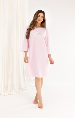 Koszula nocna bawełniana 167 różowy – rękaw 3/4, nadruk, rozkloszowana, przed kolano