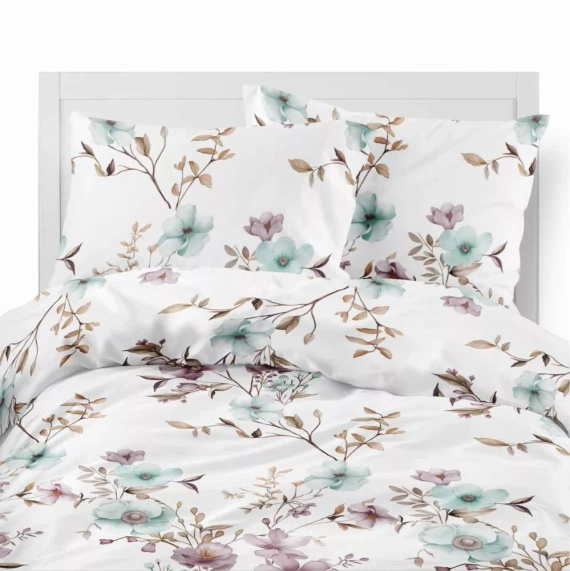 5635 B Pościel flanelowa Pastel Flowers Detexpol biała w kwiaty pudrowe i błękitne– ciepła, miękka i elegancka