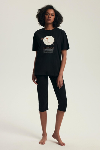 Piżama damska 43728 Dairoku czarna– bawełna, krótki rękaw, spodnie rybaczki