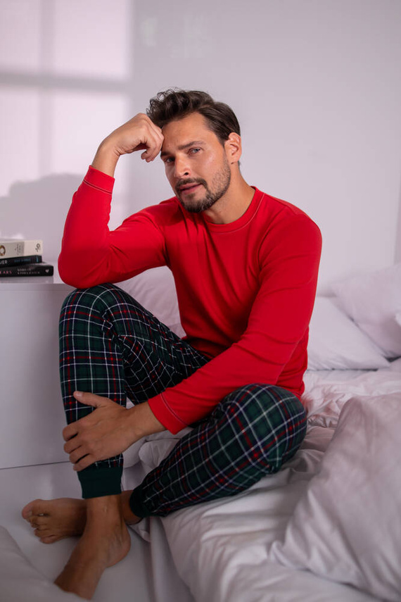 Fogo Piżama Męska długi rękaw, długie spodnie Italian Fashion - czerwony/druk