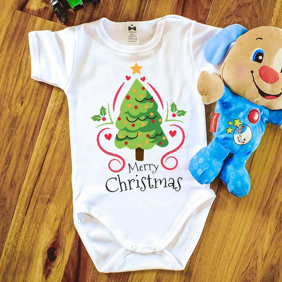"Merry Christmas z choinką BOŻE NARODZENIE" Body krótki rękaw Moocha biały