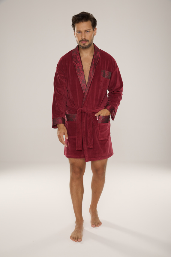 866 Noble Szlafrok męski welurowy De Lafense – krótki, elegancki, bawełna - burgund