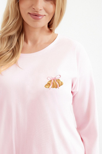 Piżama damska Taro Tori 3510 różowy– bawełniana, z nadrukiem croissanta, długa z nogawkami 7/8