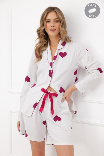 Italian Fashion Soul Piżama damska Mega Soft ecru bordowe serca szorty