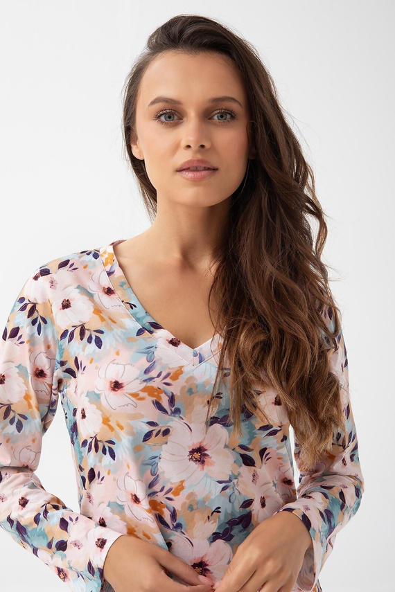 288 Koszula nocna Luna miętowy– bawełna, długi rękaw, kwiatowy wzór, komfort i styl