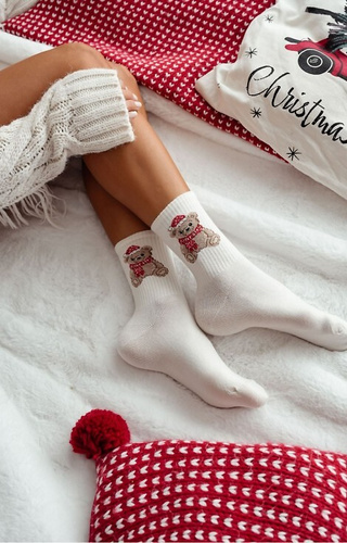 1283-031 Skarpety damskie Milena ecru – świąteczne miś, bawełna