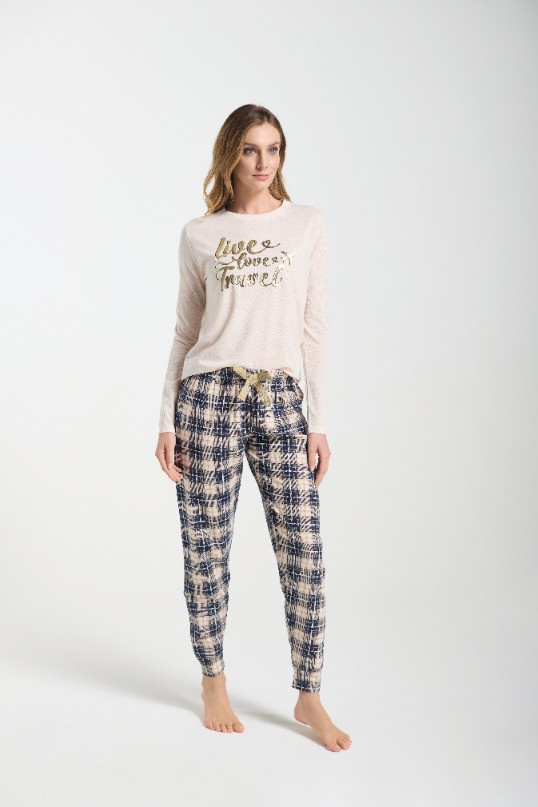 Bessy Piżama damska Sorbetto beżowa – jersey, złoty nadruk, spodnie w kratę