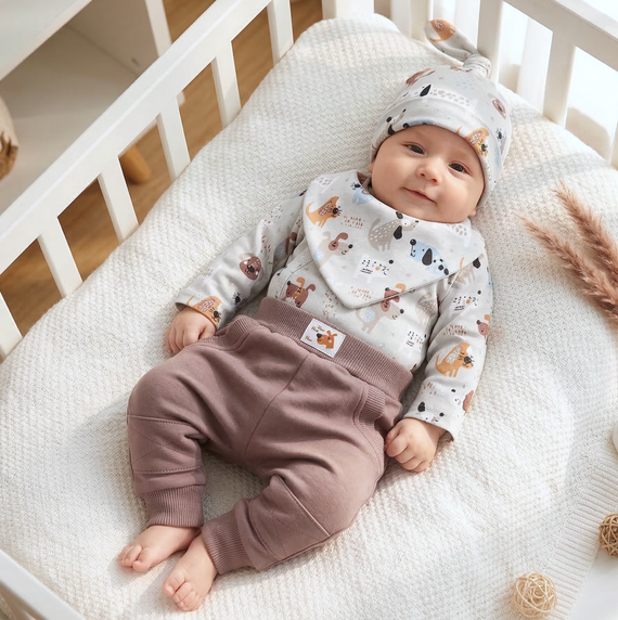 ABK-0027/PIE Psiaki Komplet niemowlęcy z bawełny organicznej Nini beżowy