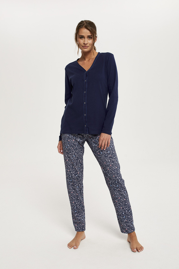 Sajna Piżama Damska długi rękaw, długie spodnie Italian Fashion - granat/druk