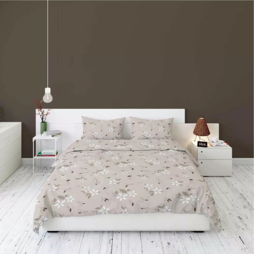5632 A Pościel flanelowa Pastel Flowers Detexpol beżowa w białe kwiaty i liście– ciepła, miękka i elegancka